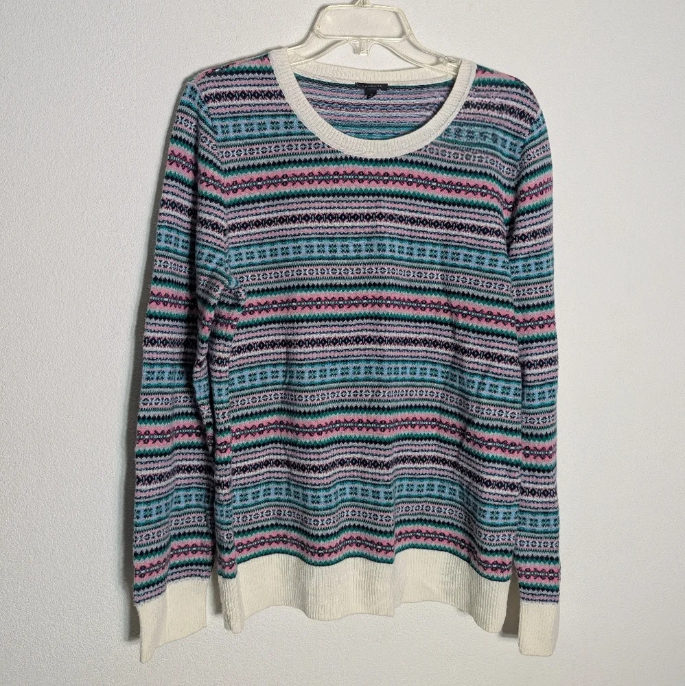 Talbots Womens Sweater Fair Isle Multi-color Striped Lambs Wool Pink Green Large
